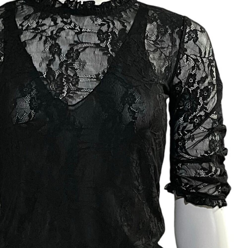 By Anthropologie Womens VNeck Lace Ruched Sleeve Blouse Size Extra Small - Picture 8 of 10